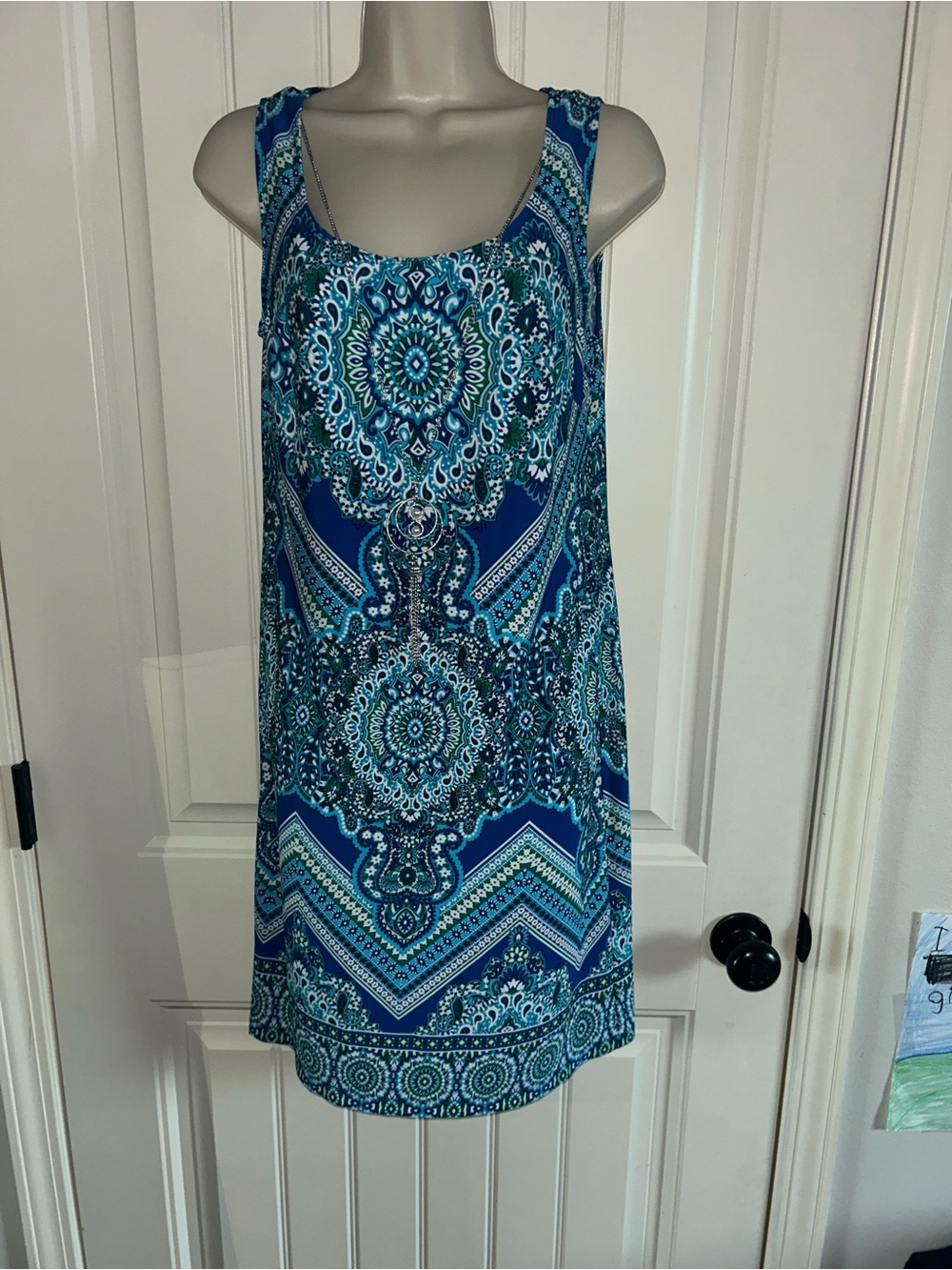 NEW R&M Richards Blue Patterned Dress Teal Accents Detachable Necklace Sz 6